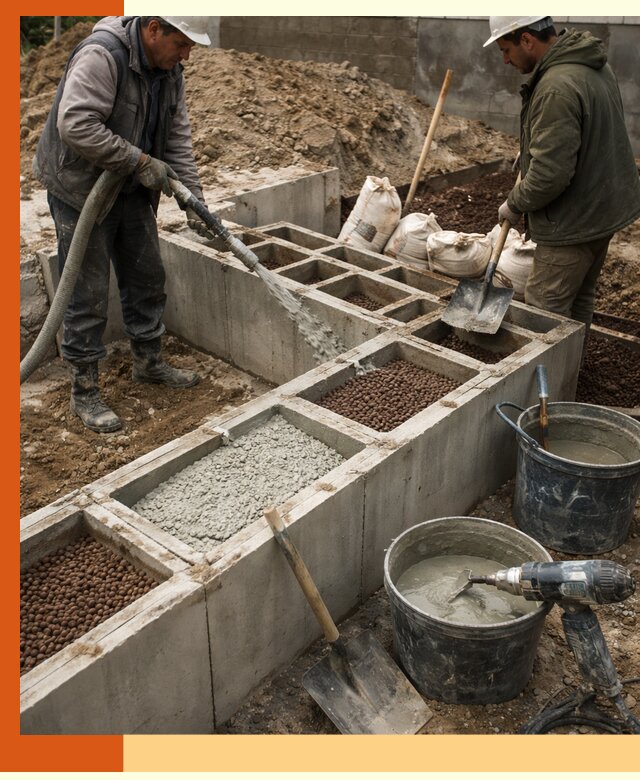 Заполнение полостей фундамента в Учалах герметичным утеплением и повышением прочности